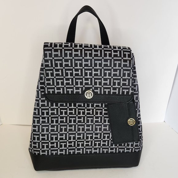 Tommy Hilfiger Large Black Jacquard Backpack with Detachable Card Holder - NWT - Picture 1 of 11